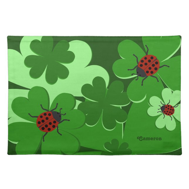 Cute Green Lady Bug Clover Leaves Name Cloth Placemat (Front)