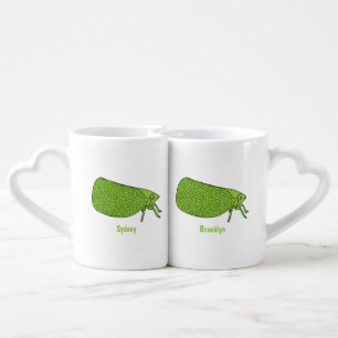 Cute green leaf hopper insect cartoon illustration coffee mug set