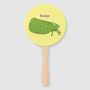 Cute green leaf hopper insect cartoon illustration hand fan