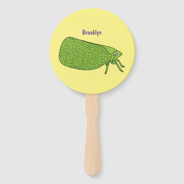 Cute green leaf hopper insect cartoon illustration hand fan (Front)