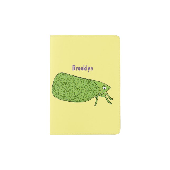 Cute green leaf hopper insect cartoon illustration passport holder (Front)