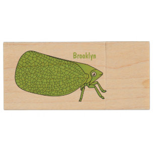 Cute green leaf hopper insect cartoon illustration wood flash drive