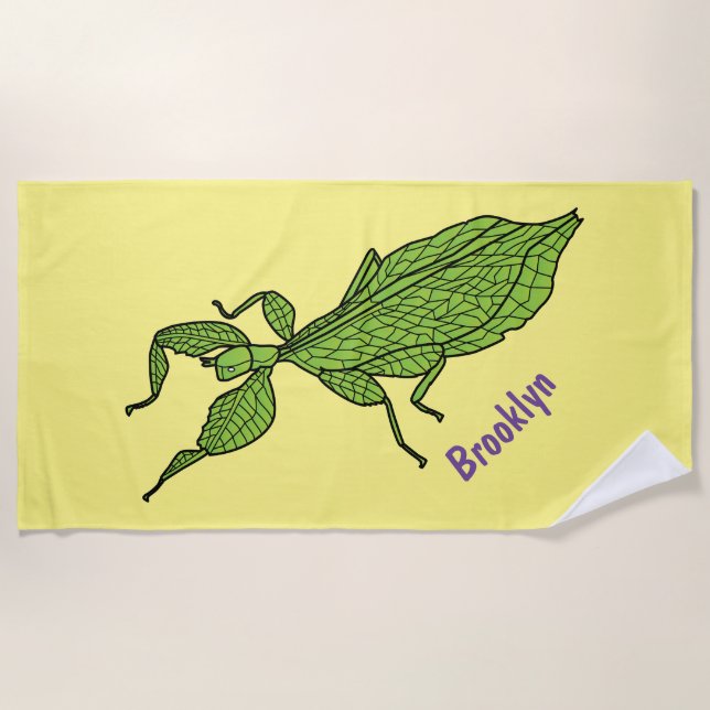 Cute green leaf insect cartoon illustration beach towel (Front)