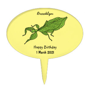 Cute green leaf insect cartoon illustration cake topper