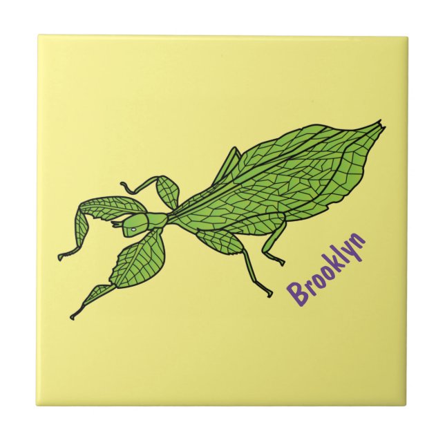 Cute green leaf insect cartoon illustration ceramic tile (Front)