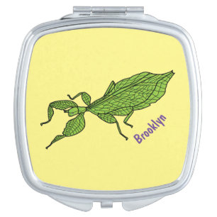 Cute green leaf insect cartoon illustration compact mirror