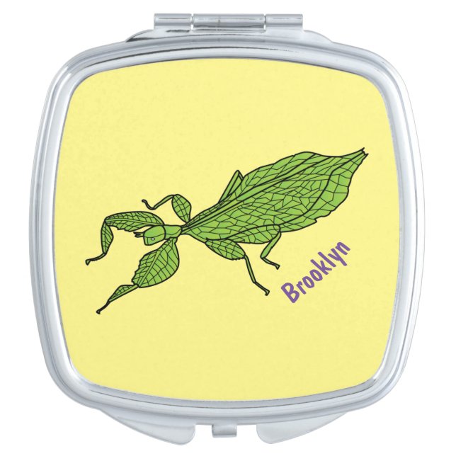 Cute green leaf insect cartoon illustration compact mirror (Front)