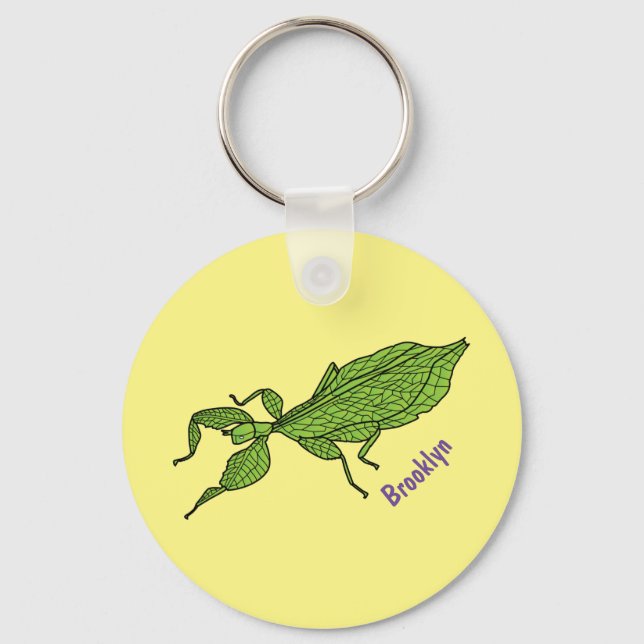 Cute green leaf insect cartoon illustration keychain (Front)