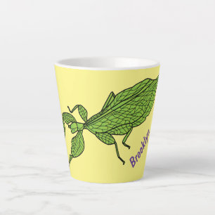 Cute green leaf insect cartoon illustration  latte mug