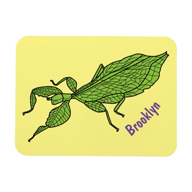 Cute green leaf insect cartoon illustration magnet (Horizontal)