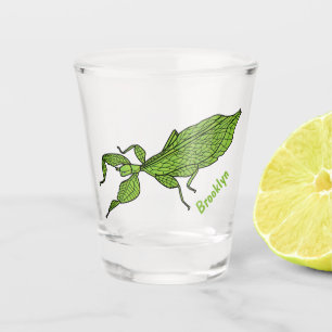Cute green leaf insect cartoon illustration shot glass