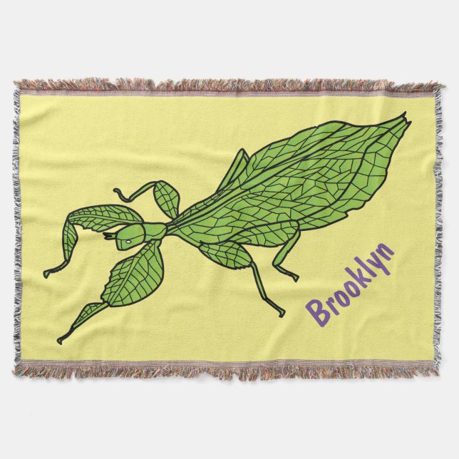 Cute green leaf insect cartoon illustration throw blanket (Front)