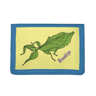 Cute green leaf insect cartoon illustration trifold wallet