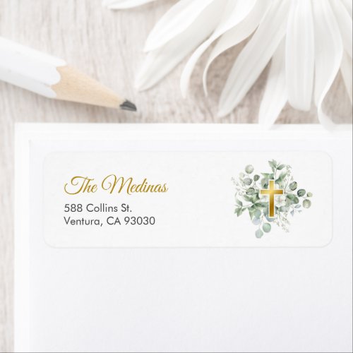 Cute Green Leaves and Golden Cross Address Label