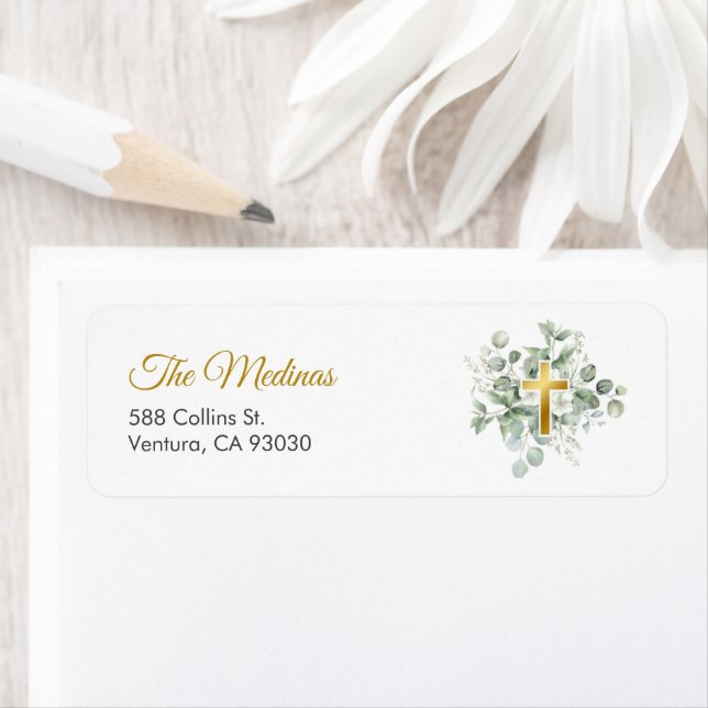 Cute Green Leaves and Golden Cross Address Label (Insitu)