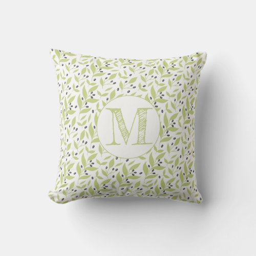 Cute  Green Leaves Berries on White Monogram Throw Pillow