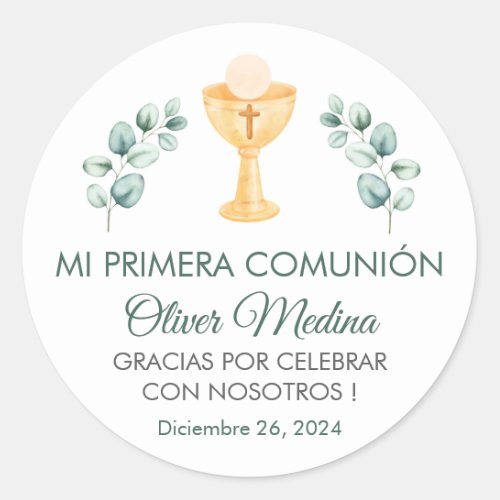 Cute Green Leaves Spanish First Communion  Classic Round Sticker