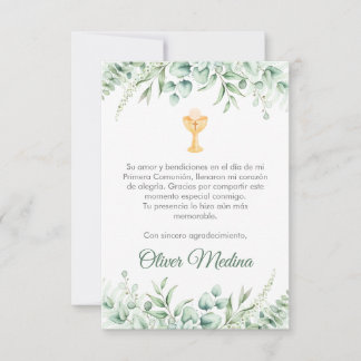Cute Green Leaves Spanish First Communion  Thank You Card