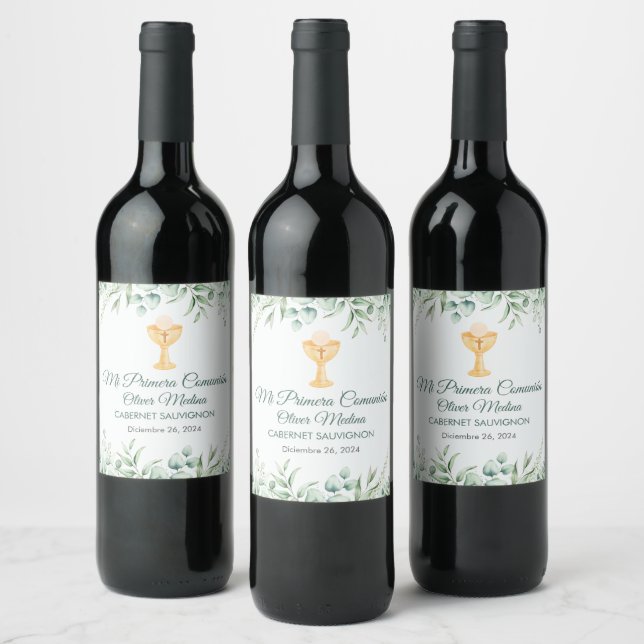 Cute Green Leaves Spanish First Communion  Wine Label (Bottles)