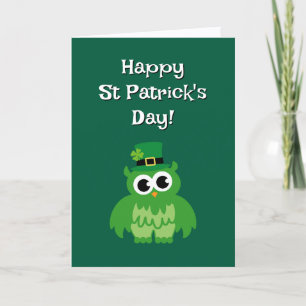 Cute green leprechaun owl bird St Patricks Day Card
