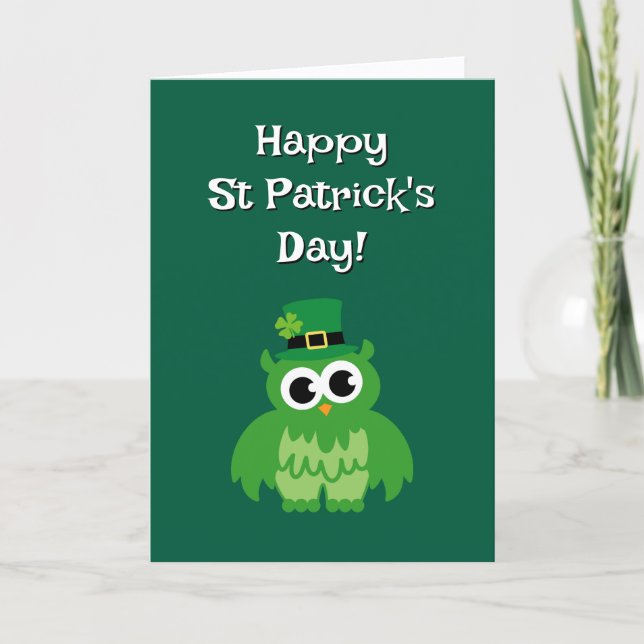 Cute green leprechaun owl bird St Patricks Day Card (Front)