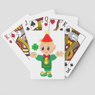 Cute green leprechaun with a lucky clover poker cards