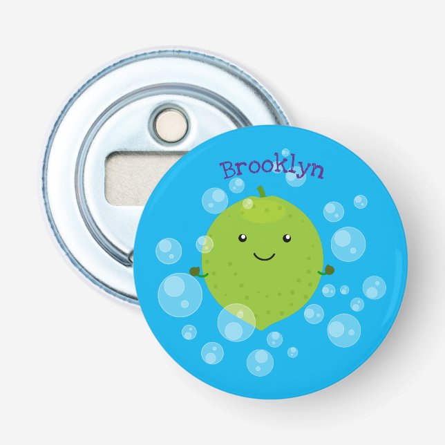 Cute green lime bubbles cartoon illustration bottle opener (Front)