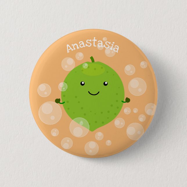 Cute green lime bubbles cartoon illustration button (Front)
