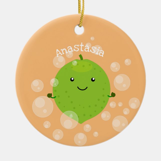 Cute green lime bubbles cartoon illustration ceramic ornament (Front)