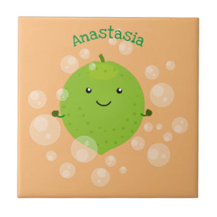 Cute green lime bubbles cartoon illustration ceramic tile