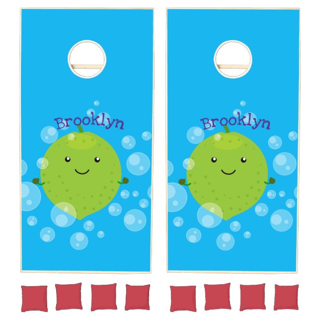 Cute green lime bubbles cartoon illustration cornhole set (Set)
