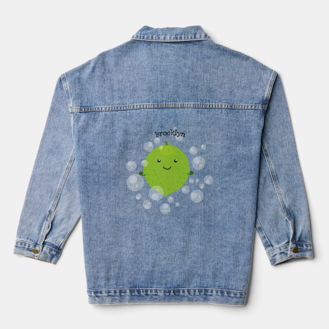 Cute green lime bubbles cartoon illustration denim jacket (Back)