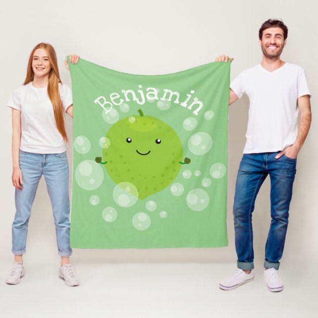 Cute green lime bubbles cartoon illustration fleece blanket (In Situ)