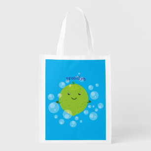 Cute green lime bubbles cartoon illustration grocery bag