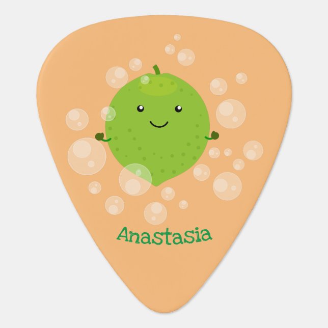 Cute green lime bubbles cartoon illustration  guitar pick (Front)