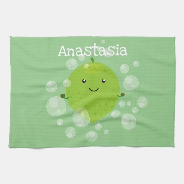 Cute green lime bubbles cartoon illustration kitchen towel (Horizontal)