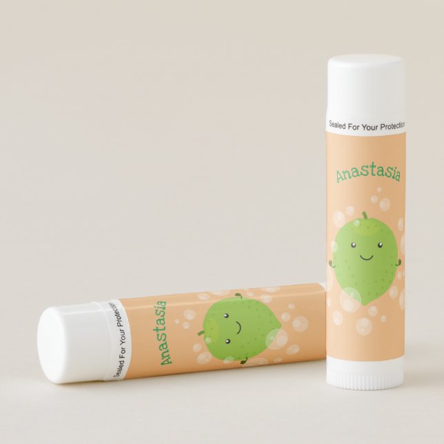 Cute green lime bubbles cartoon illustration lip balm (Front)