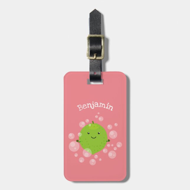 Cute green lime bubbles cartoon illustration luggage tag (Front Vertical)