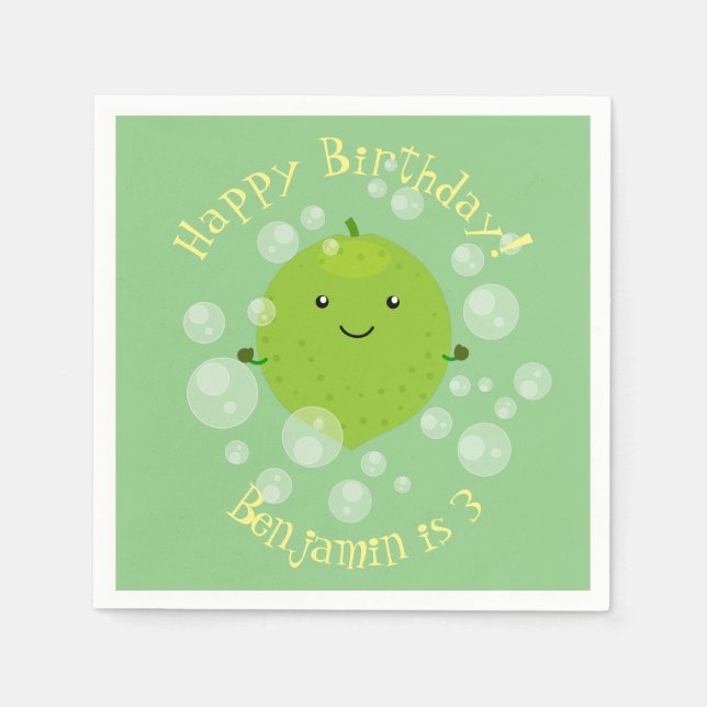 Cute green lime bubbles cartoon illustration napkins (Front)