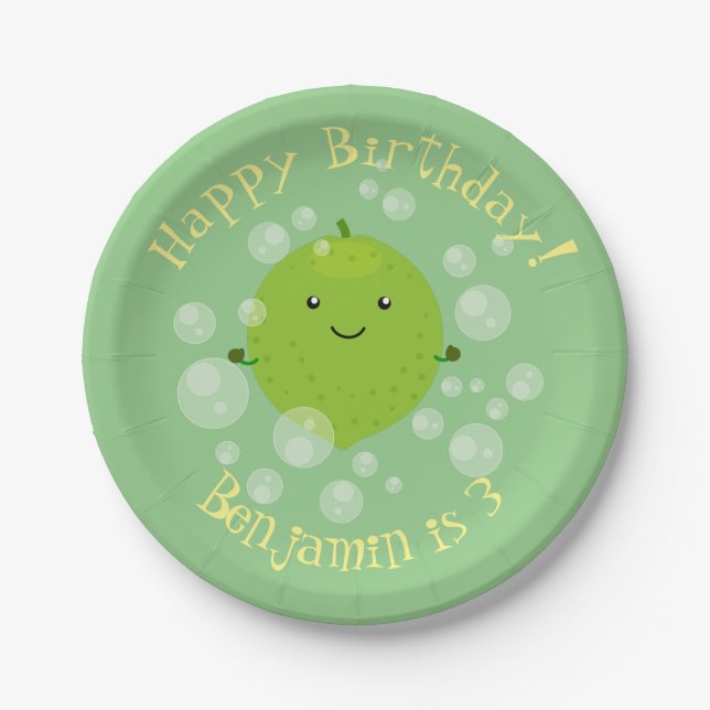 Cute green lime bubbles cartoon illustration paper plates (Front)