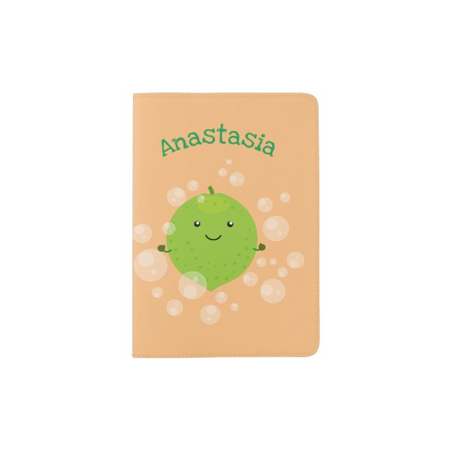 Cute green lime bubbles cartoon illustration passport holder (Front)
