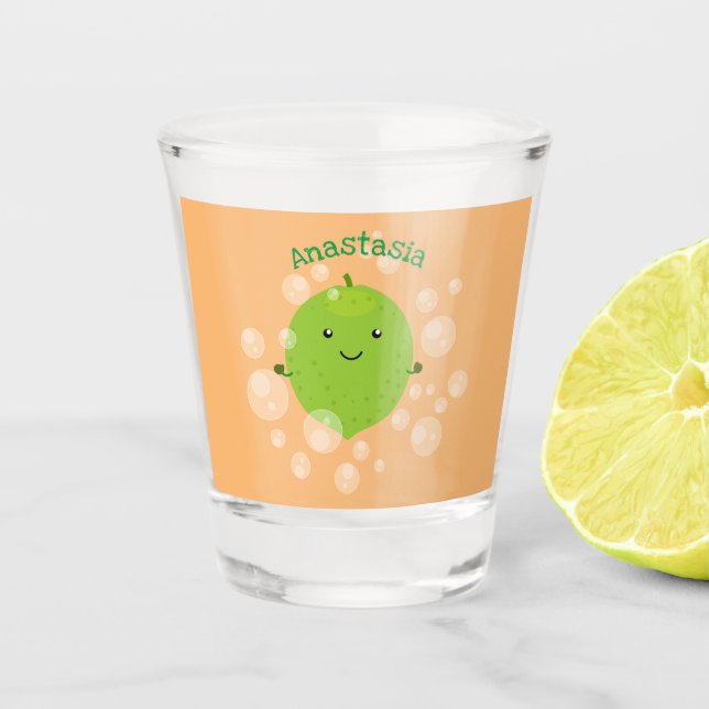 Cute green lime bubbles cartoon illustration shot glass (Front)