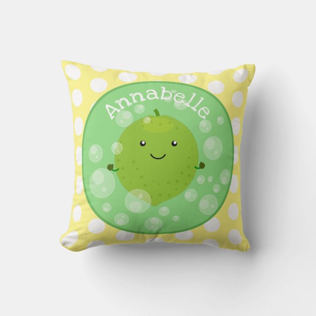 Cute green lime bubbles cartoon illustration throw pillow (Front)
