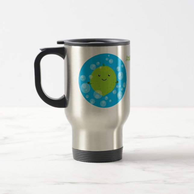 Cute green lime bubbles cartoon illustration travel mug (Left)