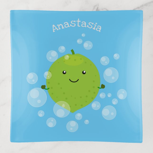 Cute green lime bubbles cartoon illustration trinket tray (Front)