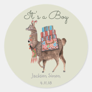 Cute Green Llama Animal Baby Shower boy Classic Round Sticker