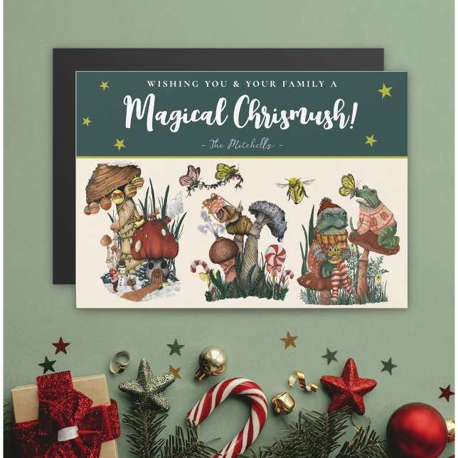 Cute Green Magic Mushroom Magnetic Christmas Card (Green magnetic mushroom christmas card with whimsical illustrations of mushrooms, frogs and snails)
