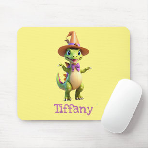 Cute green magician dinosaur mouse pad