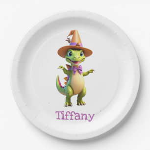 Cute green magician dinosaur paper plates