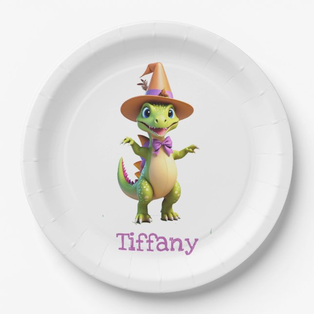 Cute green magician dinosaur paper plates (Front)